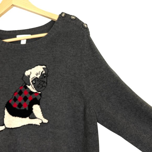 Charter Club Women’s Pug Dog Knit Sweater Sz XL Cotton Blend Gray Long Sleeves - Picture 6 of 9